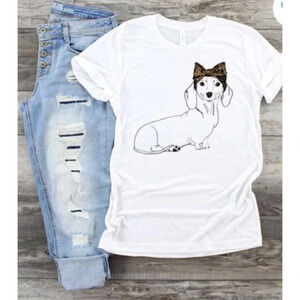 NWT Boutique Dachshund leopard print bow bella canvas graphic T-shirt tee